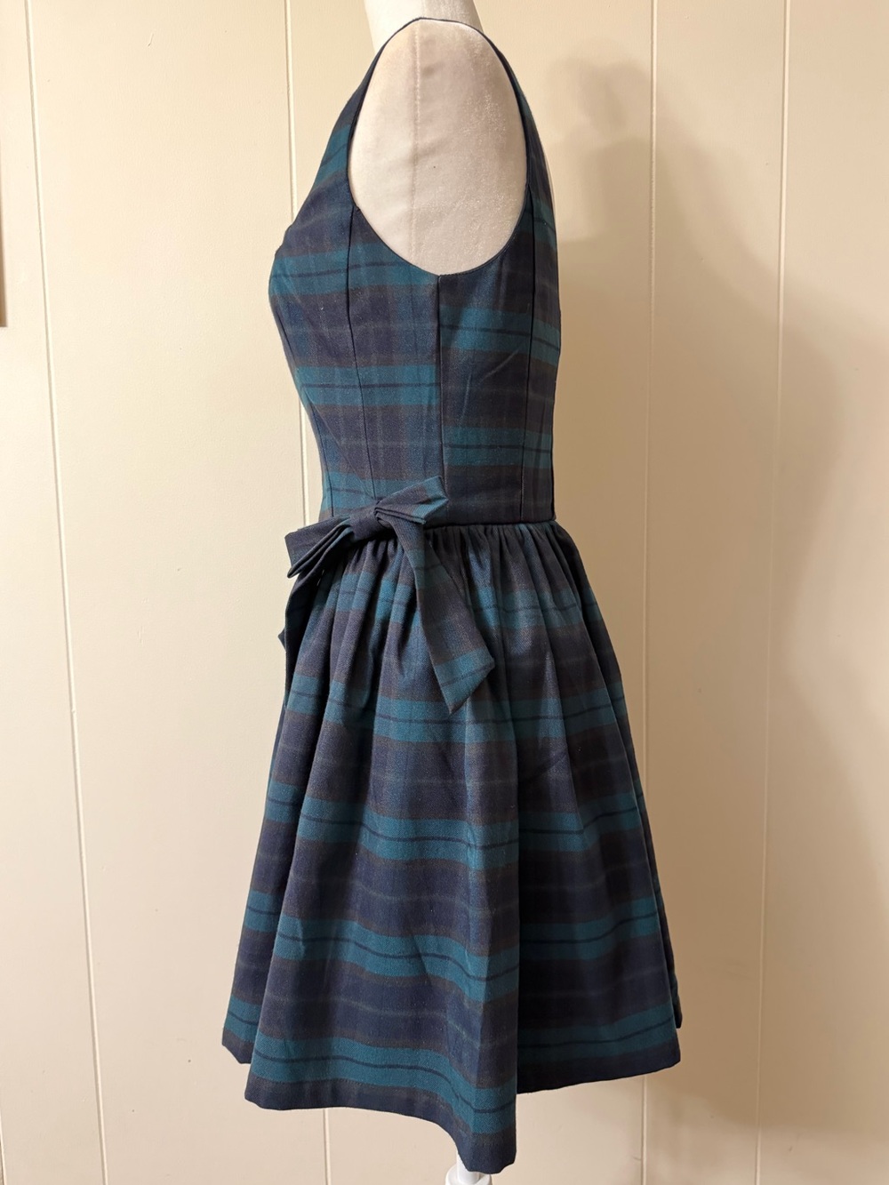Avec Les Filles NWT Plaid blue green Square Neck Mini Dress Bow Detail 6 NWT - Picture 5 of 8